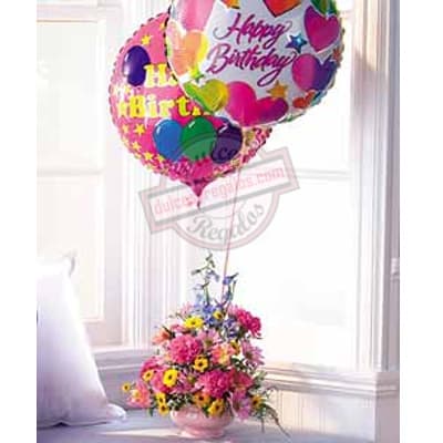 Envio de Regalos Cesta de Flores Multicolor y Globos | Cesta de flores a domicilio con globo - Whatsapp: 980660044