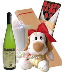 Vino Especial con Ramo de Rosas y peluche -  Rosas Delivery - Whatsapp: 980-660044