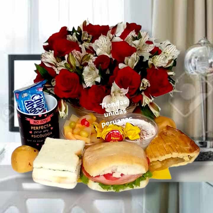 Desayuno Personalizado con Rosas y Flores - Cod:DJK10